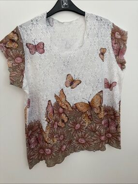 White Short Sleeve Top with Brown & Pink Butterfly Print